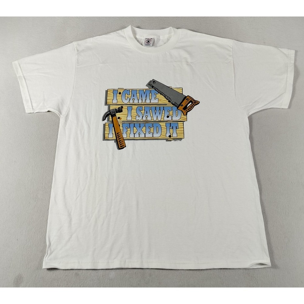 Vintage Delta Pro Weight Shirt Mens XL White I Came I Sawed I Fixed It Handyman